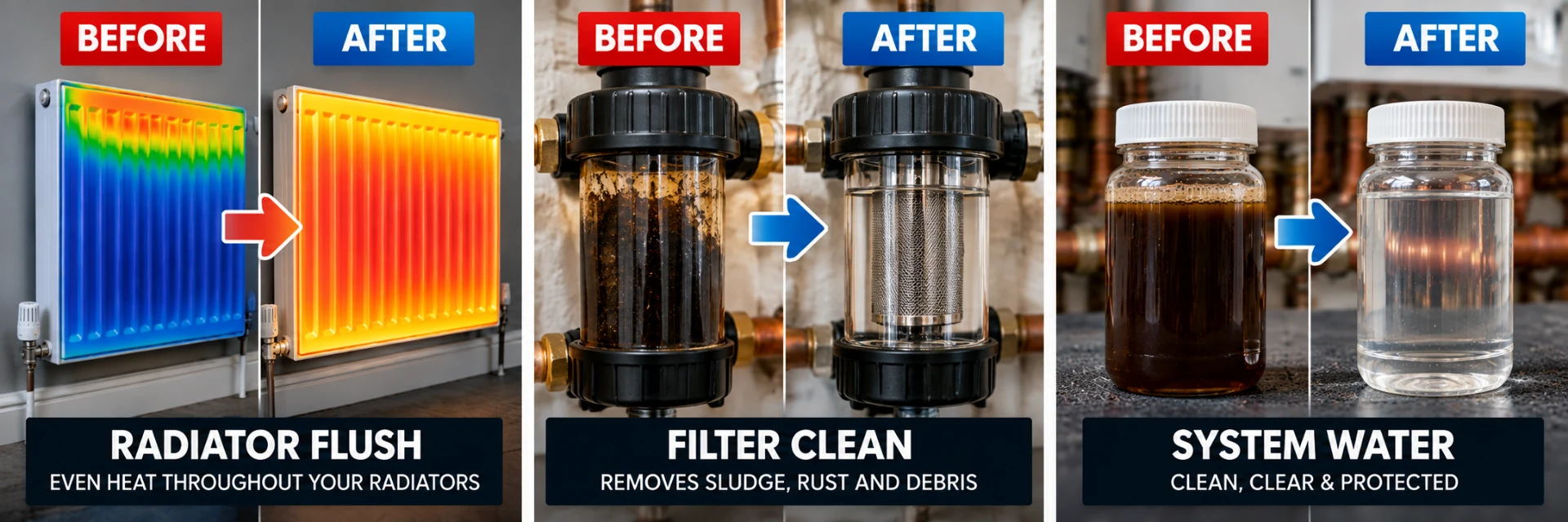 Before and after powerflush results: radiator flush with even heat throughout, filter clean removing sludge, rust and debris, and system water clean, clear and protected